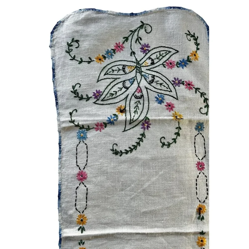 Vintage Hand-Embroidered Floral Table Runner Blue Crocheted Lace Edge 32